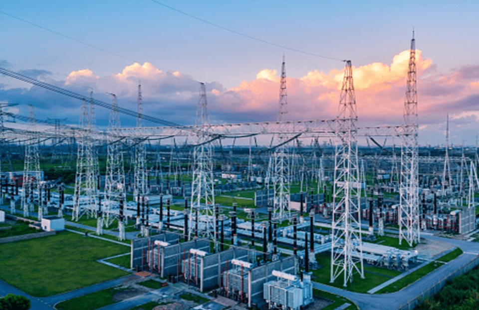 Aerial view of electrical grid substation